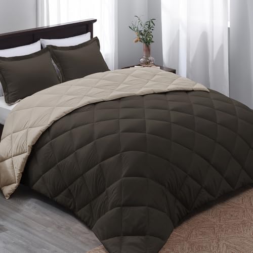 "Basic Beyond Queen Comforter Set - Brown Comforter Set Queen, Reversible Bed Comforter Queen Set for All Seasons, Brown/Ivory, 1 Comforter (88""x92"") and 2 Pillow Shams (20""x26""+2"")"