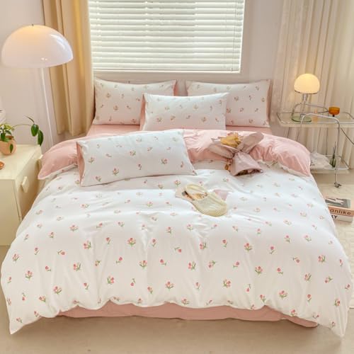 CCoutueChen Floral Duvet Cover Queen 3Pcs Girls Cute Pink Tulips Duvet Cover Set Modern Aesthetic Bedding Set Ultra Soft Breathable Garden Flower Bedding with 2 Pillowcases(No Comforter)
