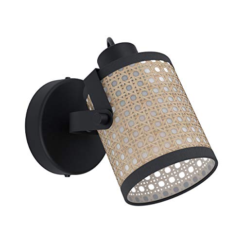 EGLO Wall Lamp Ruscomb, 1-Light Ceiling Lamp Vintage, Retro, Boho - Indoor wall light made of Steel, Paper, Plastic, Living Room Lamp, Hallway Light in Black, Natural, Spotlight with E27 Socket