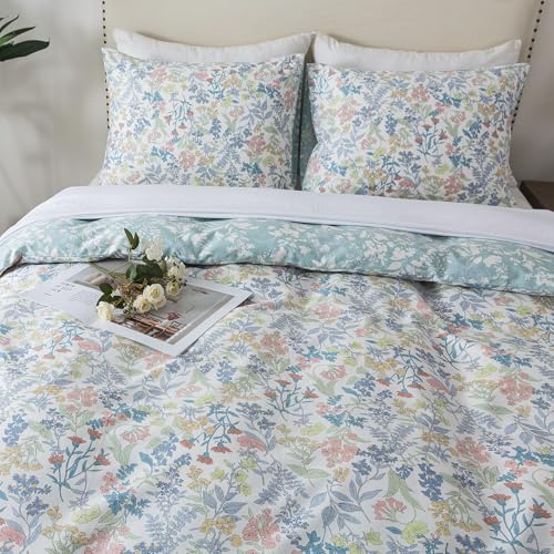 HoneiLife Cotton King Duvet Cover - Floral Comforter Cover 3-PC, Botanical Bedlinen Set with Zipper Closure & Corner Ties, Wildflower Comforter Cover Sets All Season Use