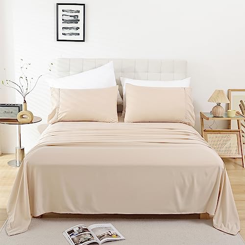Full Size Sheet Set, 4 Piece Soft Bed Sheets, Deep Pockets - Breathable and Cooling Microfiber, Wrinkle Free, Hotel Luxury Bed Sheet for Women & Men, Oeko-Tex, Sand