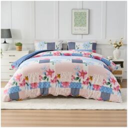 GC GAVENO CAVAILIA Flower Pattern Double Duvet Cover Set with Pillowcases - Easy Care Floral Comforter Bedding Set - Durable & Super Soft Polyester Lightweight Geometric Quilt Cover, Pink/Navy
