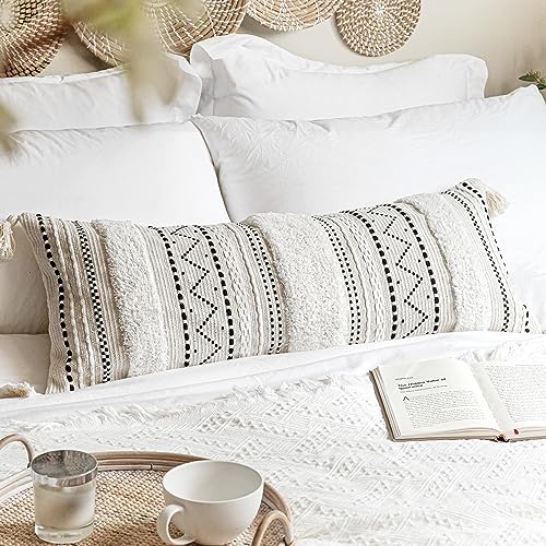 BlissBlush Decorative Lumbar Throw Pillow Cover 14x36 Boho Long Cushion for Bed Black Neutral White Accent Farmhouse Pillowcase for Bedroom Living Room Couch Sofa Home Décor Cover ONLY