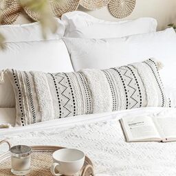 BlissBlush Decorative Lumbar Throw Pillow Cover 14x36 Boho Long Cushion for Bed Black Neutral White Accent Farmhouse Pillowcase for Bedroom Living Room Couch Sofa Home Décor Cover ONLY