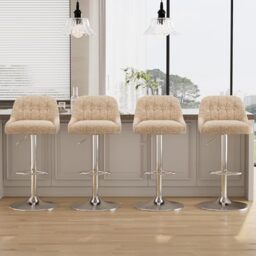 MALOL Adjustable Bar Stools Set of 4, Swivel Counter Stools with Backrest, Chenille & Faux Leather Upholstered Bar Chairs, Height Adjustable Kitchen Breakfast Bar Stools, Chrome Metal Base,Camel