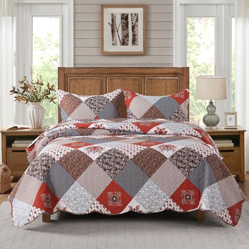 HoneiLife Quilt Set Queen Size - 3 Piece Microfibre Bedspread Reversible Coverlet Patchwork Bedding Set Lightweight Bedcover Floral Bedspreads All Season Quilts-Amaranth Red