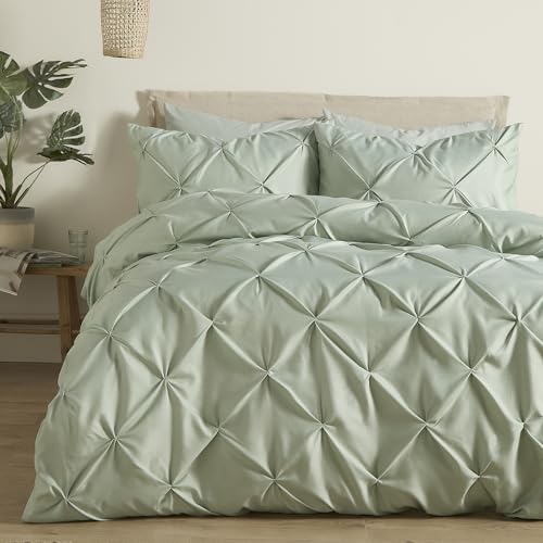 Serene Lara Pleated Duvet Cover Set Single 135 x 200cm – Textured Steel/Sage Bedding with Elegant Pintuck Design, Includes 1 Pillowcase