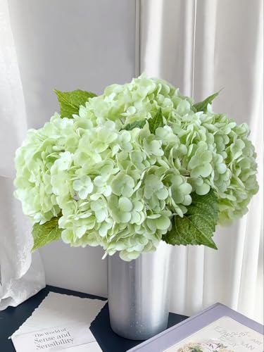 SUMTIPHUN 3 Pcs Light Green Latex Hydrangeas Artificial Flowers 21'' Long Stem Faux Real Touch Hydrangea for Kitchen Porch Living Room Spring Home Decor Party Easter Table Centerpiece