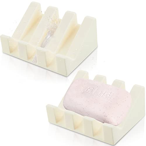2 Pieces Silicone Soap Dish Self Draining Soap Dish Shower Waterfall Bar Soap Holder Tray with Drain Soap Saver for Kitchen Bathroom Accessories (Cream White)