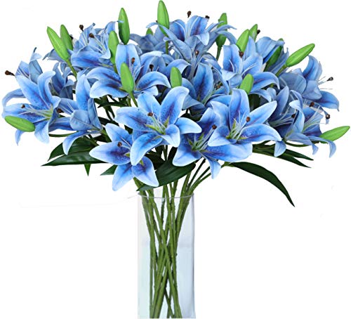 LNHOMY 6 Pack Artificial Lily Flowers Full Bloom Fake Latex Real Touch Artificial Flower Bouquets with 3 Heads Wedding Party Decor Home Décor (Blue)