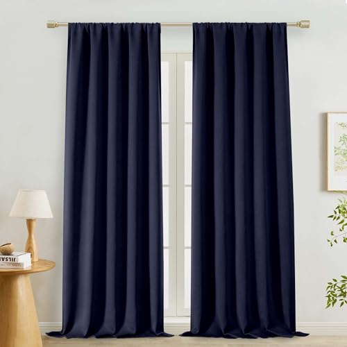 "Lecloud Navy Blue Room Darkening Curtains 96 Inches Long 2 Panels Set, Solid Thermal Insulated Rod Pocket Window Curtain Drapes, Privacy Blackout Curtain for Living Room Bedroom, 50"" W x 96"" L"