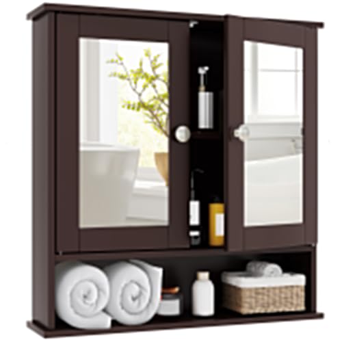 CASART Bathroom Mirror Cabinet, Wall Mounted Storage Cupboard with Double Doors and Adjustable Shelf, Wooden Display Organiser Unit for Kitchen Living Room (Brown)
