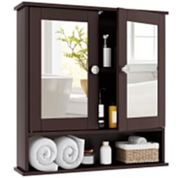 CASART Bathroom Mirror Cabinet, Wall Mounted Storage Cupboard with Double Doors and Adjustable Shelf, Wooden Display Organiser Unit for Kitchen Living Room (Brown)