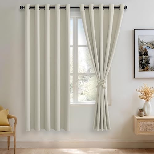 JIUZHEN ROSETTE Ivory Blackout Curtains with Tie Backs, Heat Insulated, Light Blocking and Noise Reducing Curtains for Bedroom and Living Room, Set of 2 Window Curtains, 60 x 72 inch Length