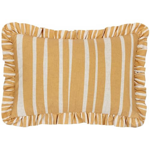 furn. Carmon Stripe Ruffle Feather Rich Cushion - Linen/Ochre - 40x60cm