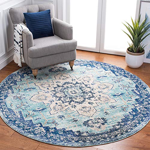 Safavieh Boho Rug for Living Room, Dining Room, Bedroom - Madison Collection, Short Pile, in Teal and Navy, 160 x 160 cm