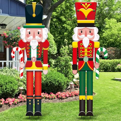 Marsui 2 Pcs Large Metal Christmas Nutcracker Yard Sign with Stakes 45 Inch Xmas Yard Outdoor Decoration Christmas Nutcracker Lawn Sign Soldier for Holiday Garden Porch Pathway(Cute)