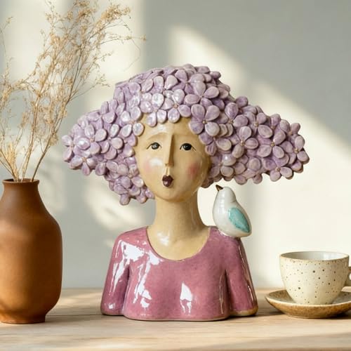 DiliComing Modern Home Decor Head-Statue Bust-Statues - 11 Inch Women with Bird Modern Art Bust Statue, Animal Sculptures for Home and Garden, Gifts for Women by 10.5 x 5.5 x 11 Inch (Purple)