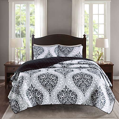 "Comfort Spaces Quilt Coverlet Bedspread Ultra Soft Printed Pattern Hypoallergenic Bedding Set, fabric, Coco Black Damask, Twin/Twin XL(66""x90"")"