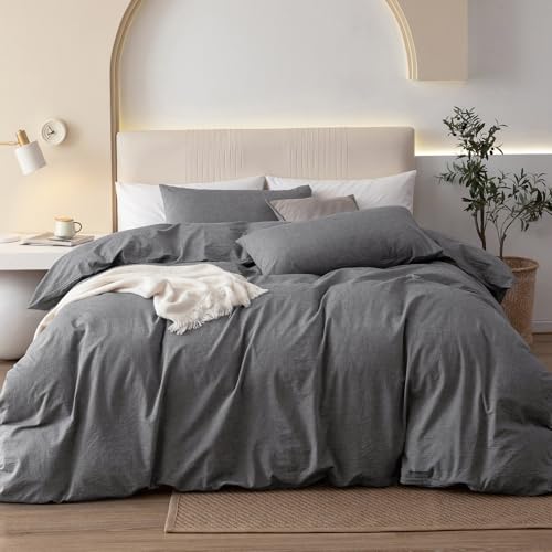 JIYUAN California King Washed Cotton Duvet Cover Set, Relaxed Linen Feel - Includes 2 Pillowcases, Hidden Zipper & 8 Corner Ties. Naturally Soft, Breathable & Lightweight. Machine Washable.
