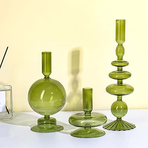 Rtteri 3 Pcs Glass Candlestick Holders Glass Taper Candle Holders Groovy Candlestick Wavy Glass Candlestick Holders Elegant Glass Candlestick Glass Vases for Home Party Centerpiece (Green)