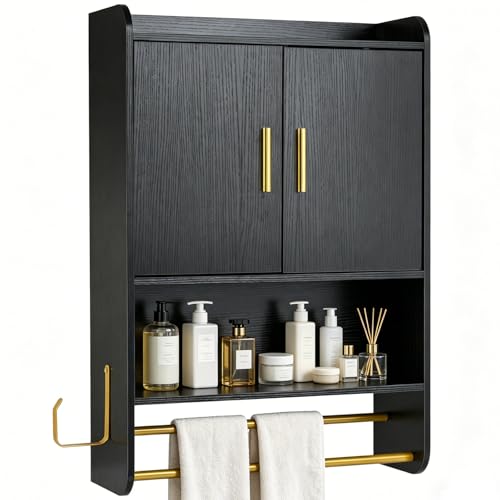 RELAX4LIFE Bathroom Wall Cabinet, Farmhouse Medicine Cabinet Organizer with 2 Doors and Adjustable Shelves, Wooden Cupboard and Bathroom Organizer Unit for Living Room Kitchen Laundry (Black)