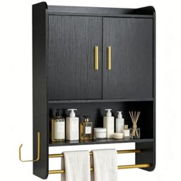 RELAX4LIFE Bathroom Wall Cabinet, Farmhouse Medicine Cabinet Organizer with 2 Doors and Adjustable Shelves, Wooden Cupboard and Bathroom Organizer Unit for Living Room Kitchen Laundry (Black)