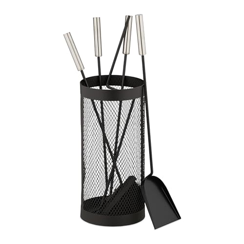 Relaxdays Fireplace Tool Set, 5-pieces, Poker, Ash Shovel, Broom, Tongs & Stand, Stainless Steel, Accessories, Black