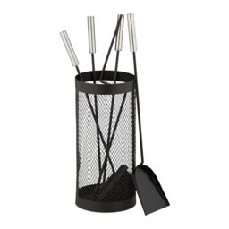 Relaxdays Fireplace Tool Set, 5-pieces, Poker, Ash Shovel, Broom, Tongs & Stand, Stainless Steel, Accessories, Black