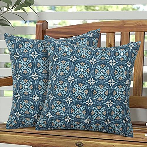 Magpie Fabrics Pack of 2 Indoor Outdoor Waterproof Throw Pillow Covers 18 x 18 Inch, Decorative Pillowcase Shell Cushion Sham for Garden Patio Tent Balcony Couch Sofa(Morgan Medal Print)
