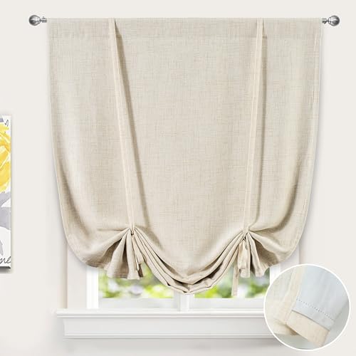 DriftAway Double Layer Linen Blackout Tie Up Curtains Thermal Insulated Fully Lined Balloon Roman Shade Bathroom Window Adjustable Rod Pocket for Small Window 45 Inch by 63 Inch Beige