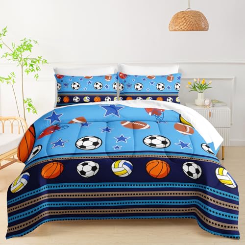 QOOMO Sports 7 Pieces Comforter Set Full Size,Sports Bedding Set for Kids Teens Girls-Include 1 Comforter,1 Fitted Sheet,1 Flat Sheet,2 Printing Pillowcases and 2 Purple Pillowcases