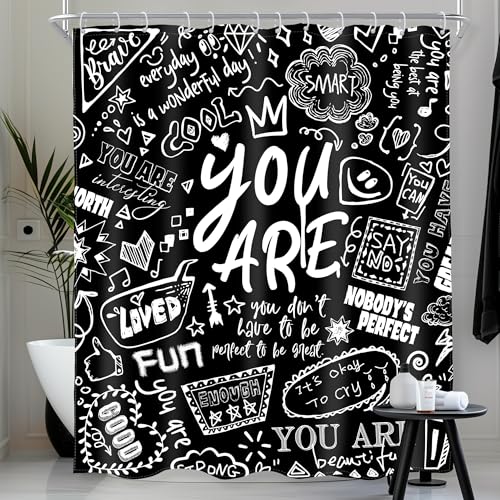 AMBZEK Kids Inspirational Quotes Shower Curtain 60Wx72L Inch Black White Teens You are Motivational Abstract Funny Cool Artwork Cloth Fabric Waterproof Polyester Bathroom Decor Set with 12 Pack Hooks
