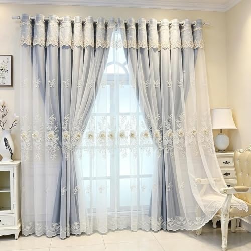 Amidoudou 1 Pair Luxury European Curtains with Valance for Living Room Bedroom Double Layer Embroidered Room Darkening Curtains (Dark Blue,51x90 Inch)