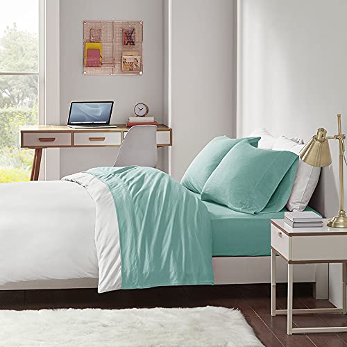 "Intelligent Design Cotton Blend Jersey Knit Bed Sheet Set Wrinkle Resistant, Soft Sheets with 14"" Deep Pocket, All Season, Cozy Bedding-Set, Matching Pillow Case, Twin XL, Aqua 3 Piece"