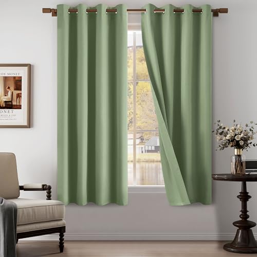 "Green 100% Blackout Linen Textured Curtains for Living Room, Bedroom, Light Weight Curtains with Grommets Top, Full Blackout Curtains Privacy Protection, Green, 52"" W x 72"" L, 2 Panels"