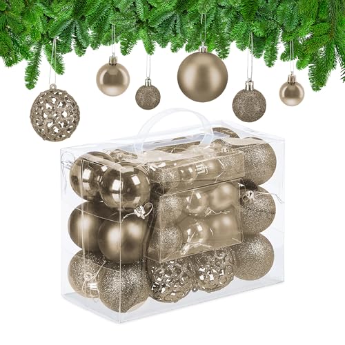 Relaxdays Christmas Bauble Set of 50, Glittery, Matt & Shiny Ornaments, Plastic Tree Balls, Ø: 3, 4 & 6 cm, Champagne