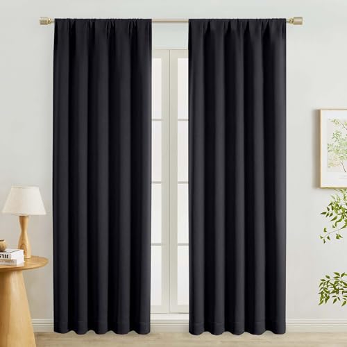 "Lecloud Halloween Black Blackout Curtains 84 Inches Long 2 Panels, Solid Thermal Insulated Window Curtain Drapes with Rod Pocket, Black Out Window Treatments for Living Room Bedroom, 50"" W x 84"" L"