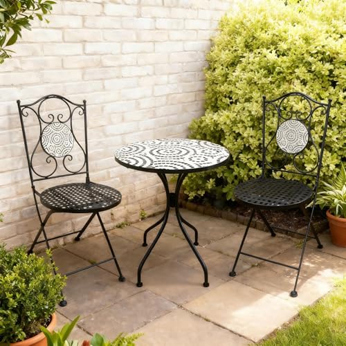 Home Source Carlton Bistro Set 3 Piece – Black & White Mosaic Aluminium, Folding Chairs - 60W x 60D x 71H cm Table - 2 Seater Garden Set