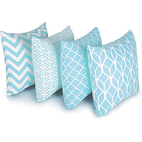 Penguin Home Set of 4 100% Slub Cotton Fabric Cushion Covers 45cm x 45cm Double Sided Square Pillow Covers with Invisible Zipper Pillow Cases for Living Room, Bedroom, Sofa (Blue)