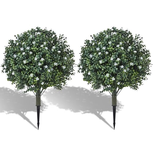"24"" Artificial Boxwood Topiary Ball Bush with White Flowers, Set of 2 Artificial Shrub Bushes with Spike, Fake Evergreen Tree for Porch, Artificial Plants for Outdoor Planters Indoor UV Resistant"