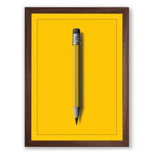 Pencil on Yellow Minimalist Framed Wall Art Print A4 (29.7×21cm) Walnut, Wall Decor for Living Room, Bedroom, Office & Home, Ready to Hang, Art Gift