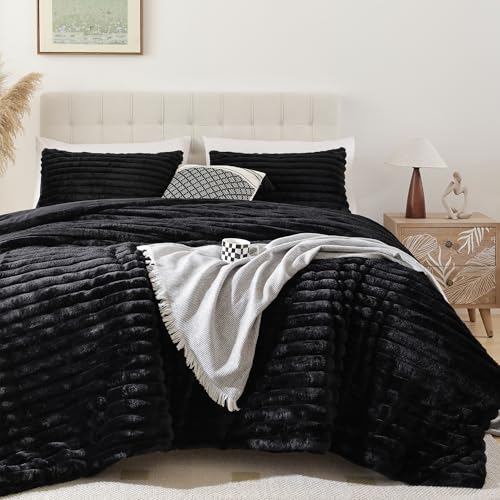 Smoofy Fluffy Queen Comforter Set 3 Pieces - Black Fleece Fluffy Comforter Set, Luxury Fuzzy Queen Bedding Set, Soft Warm Bed Set All Season, Heavy Faux Fur Comforter with 2 Pillow Cases