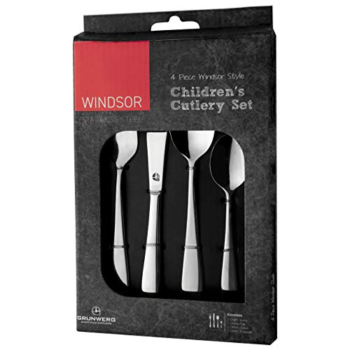 Grunwerg Windsor Carded 4-Piece Children???s Cutlery Box Set 4BXCHDWDR, 18/0 Stainless Steel, Silver