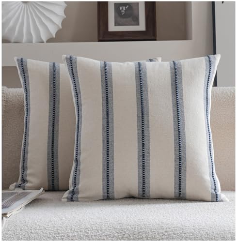 Cethom Boho Throw Pillow Covers 18x18 Set of 2, Navy Blue Striped Decorative Pillow Cases for Couch Chair Bed, Textured Farmhouse Modern Accent Cushion Covers for Living Room Bedroom Sofa Home Decor