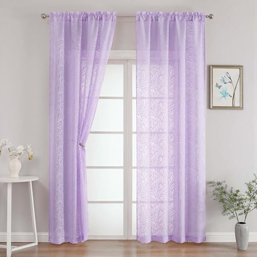 OVZME Extra Long Lavender Sheer Curtains 96 Inches Long 2 Panels, Elegant Voile Semi Sheer Curtains for Living Room, Textured Leaf Jacquard Window Drapes for Sliding Door, 2x42Wx96L Inches