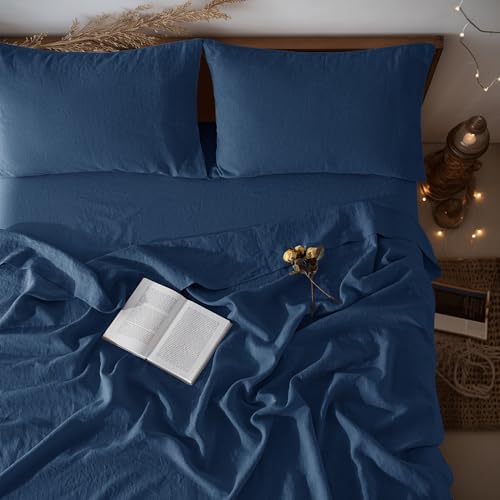 "LBRO2M 100% Linen Sheet Set Twin XL Size,Bed Sheets 3 Piece Sets,Solid Color Natural Flax Bed Sheets Soft Breathable Bedding,16"" Deep Pocket,All Season (Twin XL, Navy Blue)"