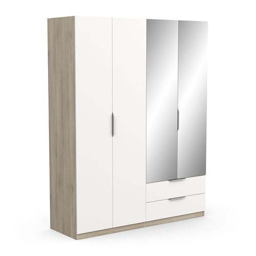 Demeyere Armadietto Guardaroba con specchi e Armadio Moderno a 4 Ante e 5 Ripiani 2 cassetti – Colore Rovere Kronberg & Bianco Opaco – 157,3 x 51,1 x 203 cm, Legno ingegnerizzato
