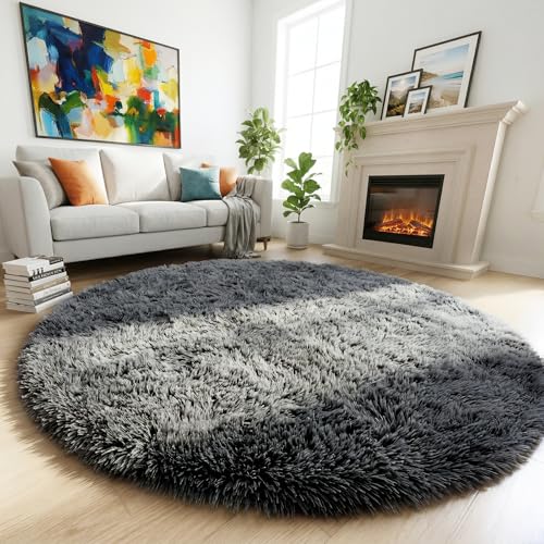 Grey Fluffy Shag Circle Rug 4 Ft for Living Room, Bedroom, and Kids Room Aesthetic, Soft Plush Carpet for Home Office and Baby Nursery