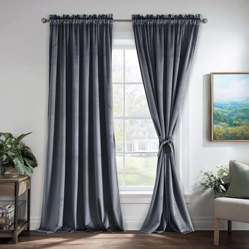 JIUZHEN Dark Grey Velvet Curtains 96 inches for Living Room - Thermal Insualted Blackout Room Darkening Rod Pocket Thick Velvet Window Drapes for Bedroom/Dining Room, Set of 2, W52 x L96 inches